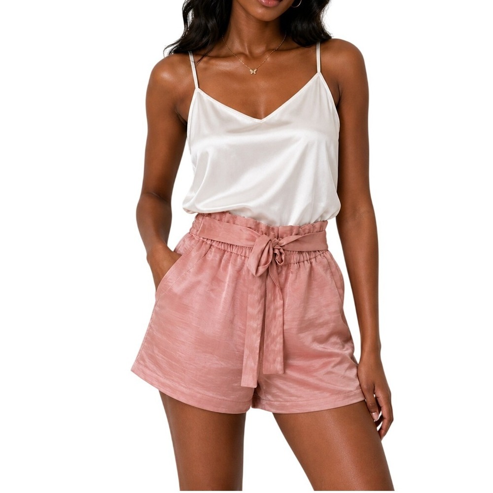 Jennifer Lopez Pink Paperbag Waist Shorts Satin‎ Feel Tie Front Rose Womens M